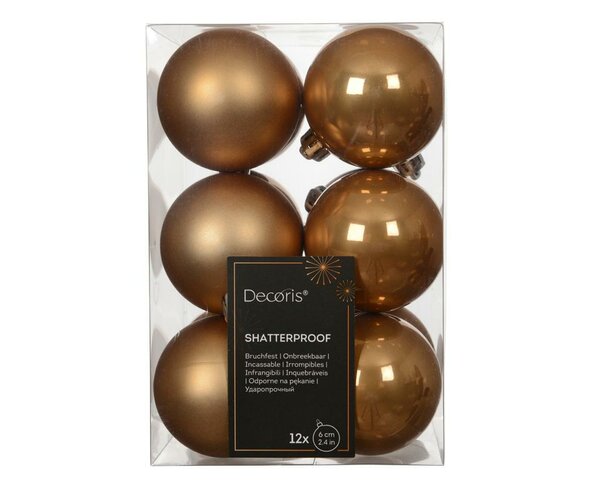 12 onbreekbare kerstballen karamel bruin 6 cm - afbeelding 1