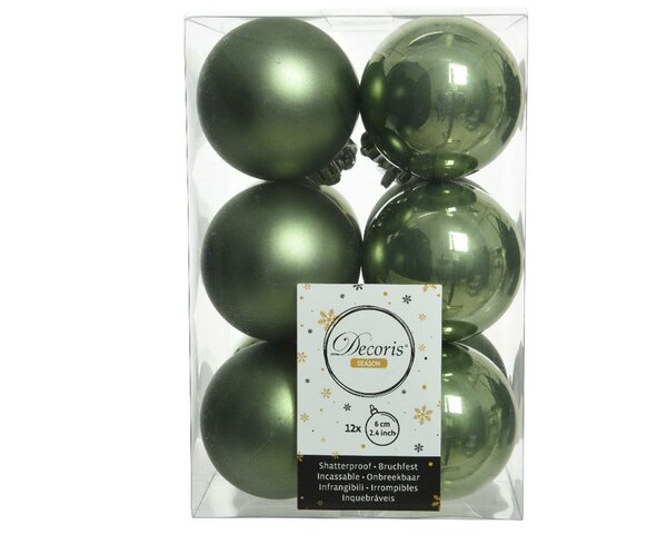 12 onbreekbare kerstballen mosgroen 6 cm