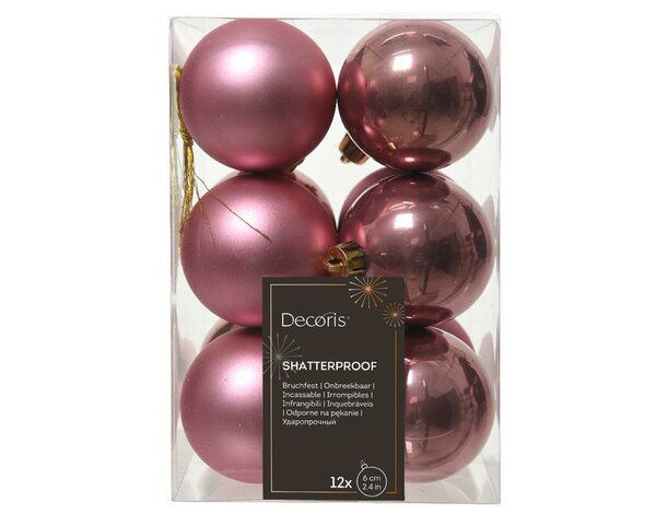 12 onbreekbare kerstballen velours roze 6 cm