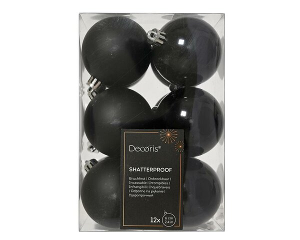 12 onbreekbare kerstballen zwart 6 cm - afbeelding 1
