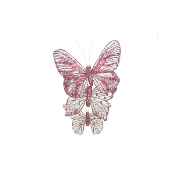 3 vlinders op clip licht roze