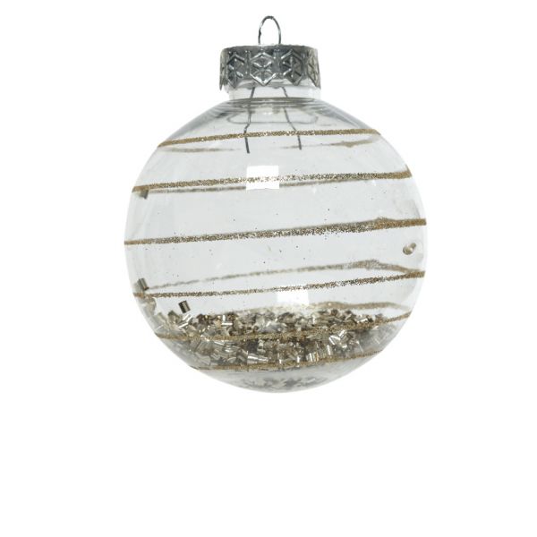 Kerstbal met glitter band smal 8 cm beige 