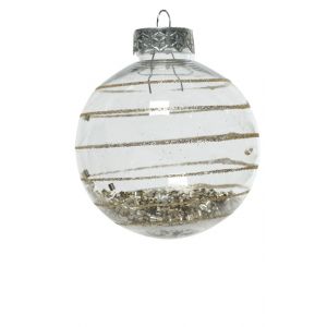 Kerstbal met glitter band smal 8 cm beige
