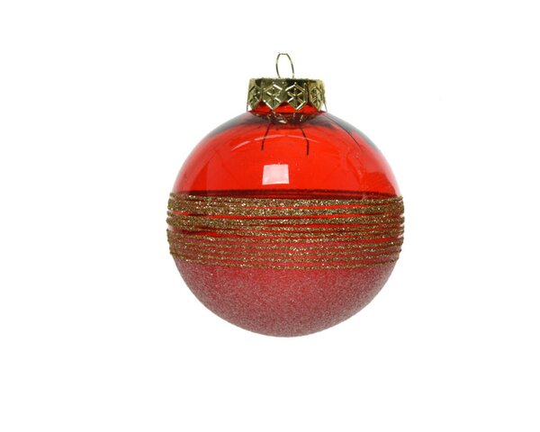 Kerstbal transparant rood 8 cm glitter band