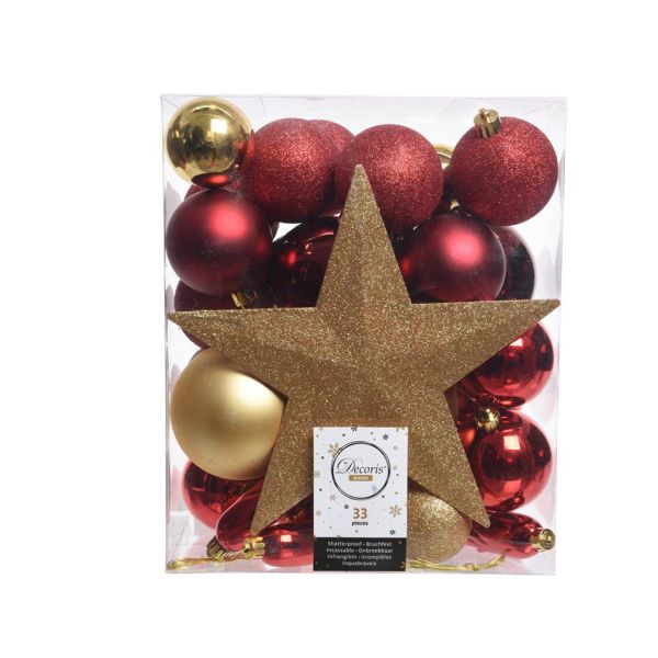 Kerstballen mix box met piek ossenbloed / licht goud - afbeelding 1