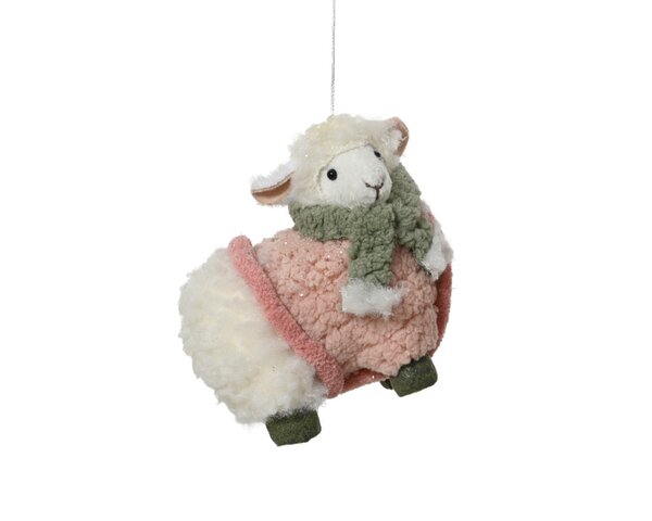 Kersthanger schaap met roze jas polyester 13 cm