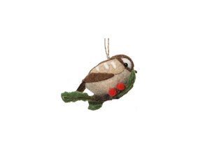 Kersthanger vogel wol 11 cm bruin