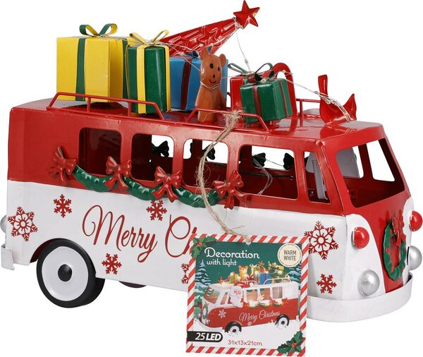 Kerstman in kerstbus wit / rood 31 cm
