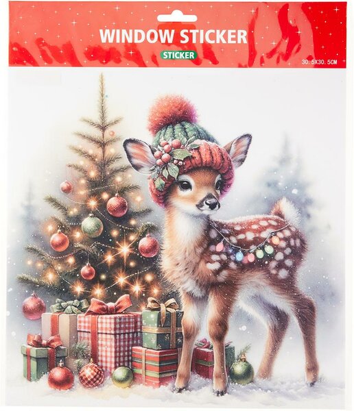 Raamsticker hert met kerstboom 30x30 cm