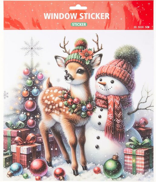 Raamsticker hert met sneeuwpop 30x30 cm