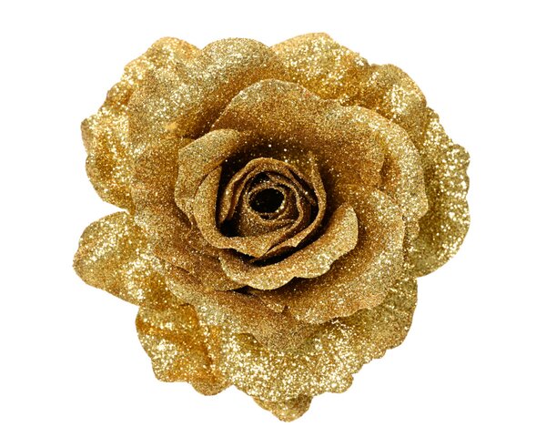 Roos op clip 12 cm goud glitter