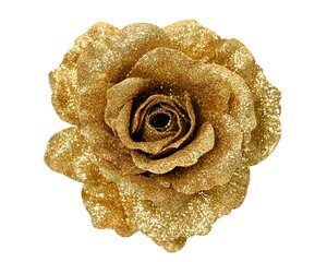 Roos op clip 12 cm goud glitter