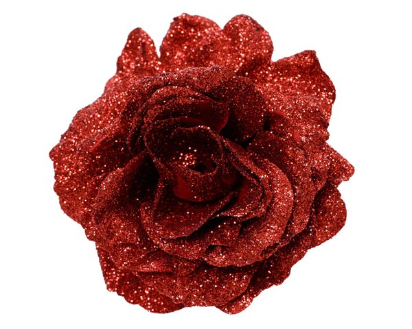 Roos op clip 12 cm rood glitter