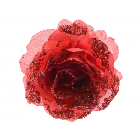 Roos op clip met glitters 14 cm kerstrood