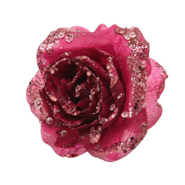 Roos op clip met glitters 14 cm magnolia