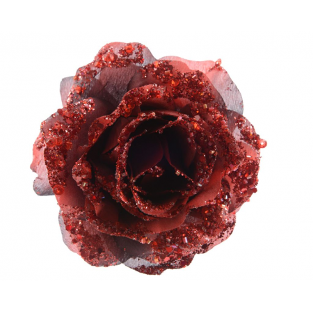 Roos op clip met glitters 14 cm ossenbloed
