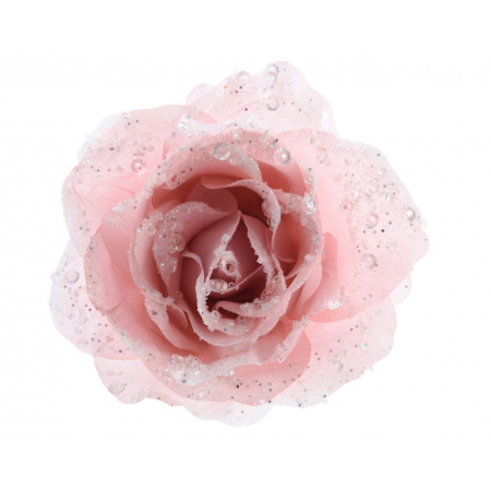 Roos op clip met glitters 14 cm poeder roze