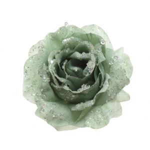 Roos op clip met glitters 14 cm salie groen