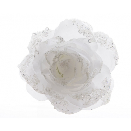Roos op clip met glitters 14 cm winterwit